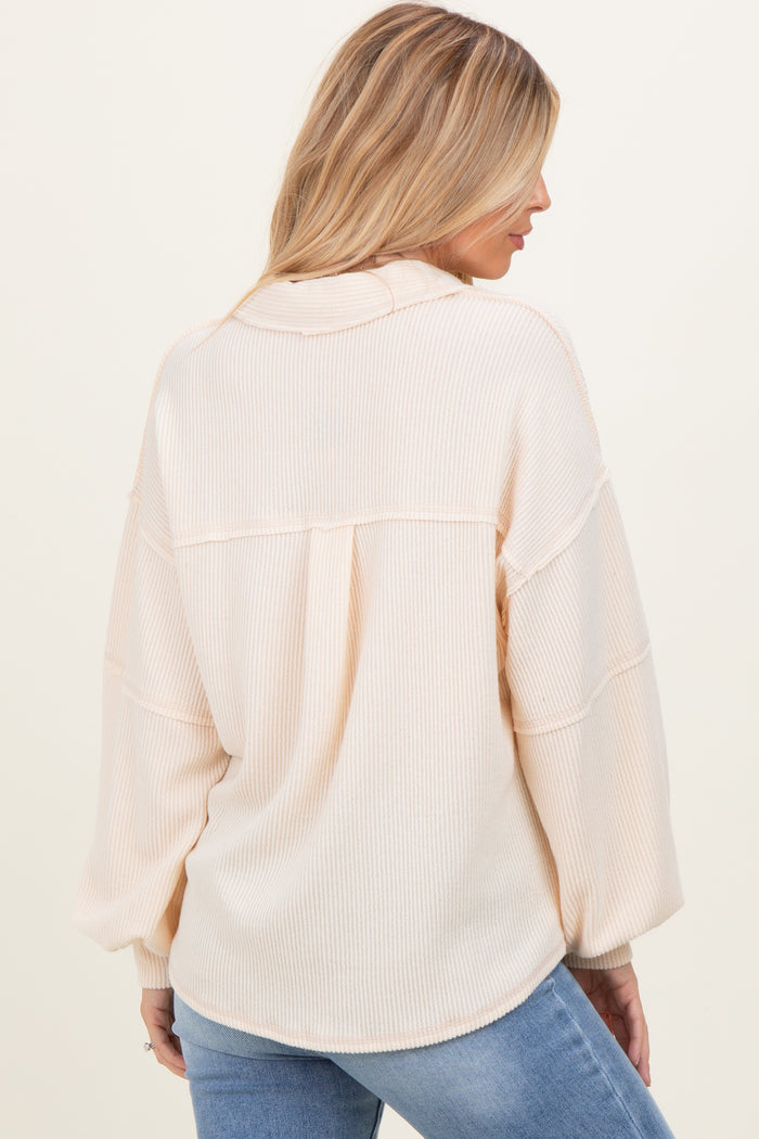 Cream Solid Ribbed Long Sleeve Pocketed Collared V-Neck Top