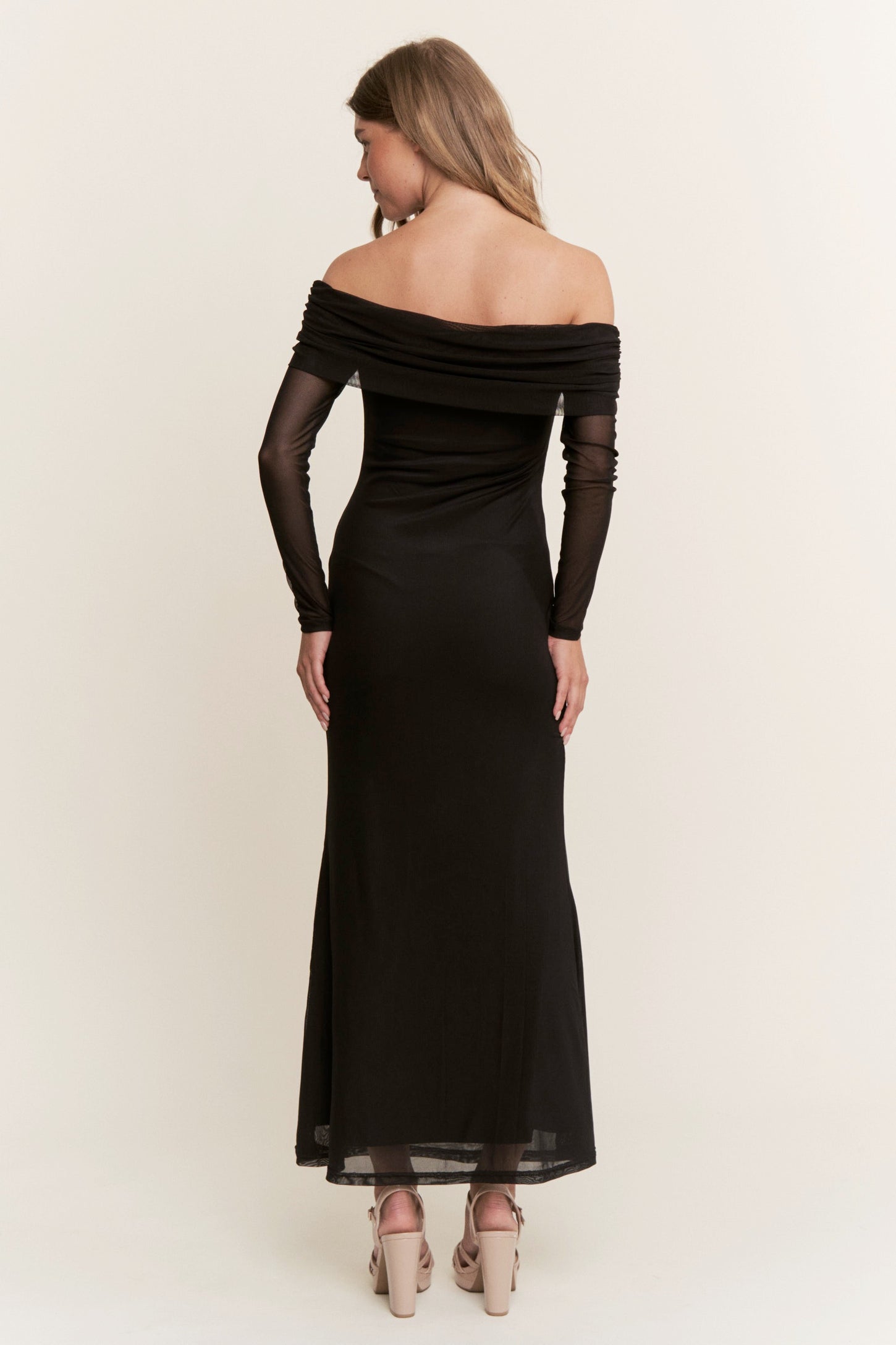 Black Mesh Off Shoulder Long Sleeve Maxi Dress