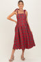 Red Plaid Shoulder Tie Scallop Hem Maternity Midi Dress