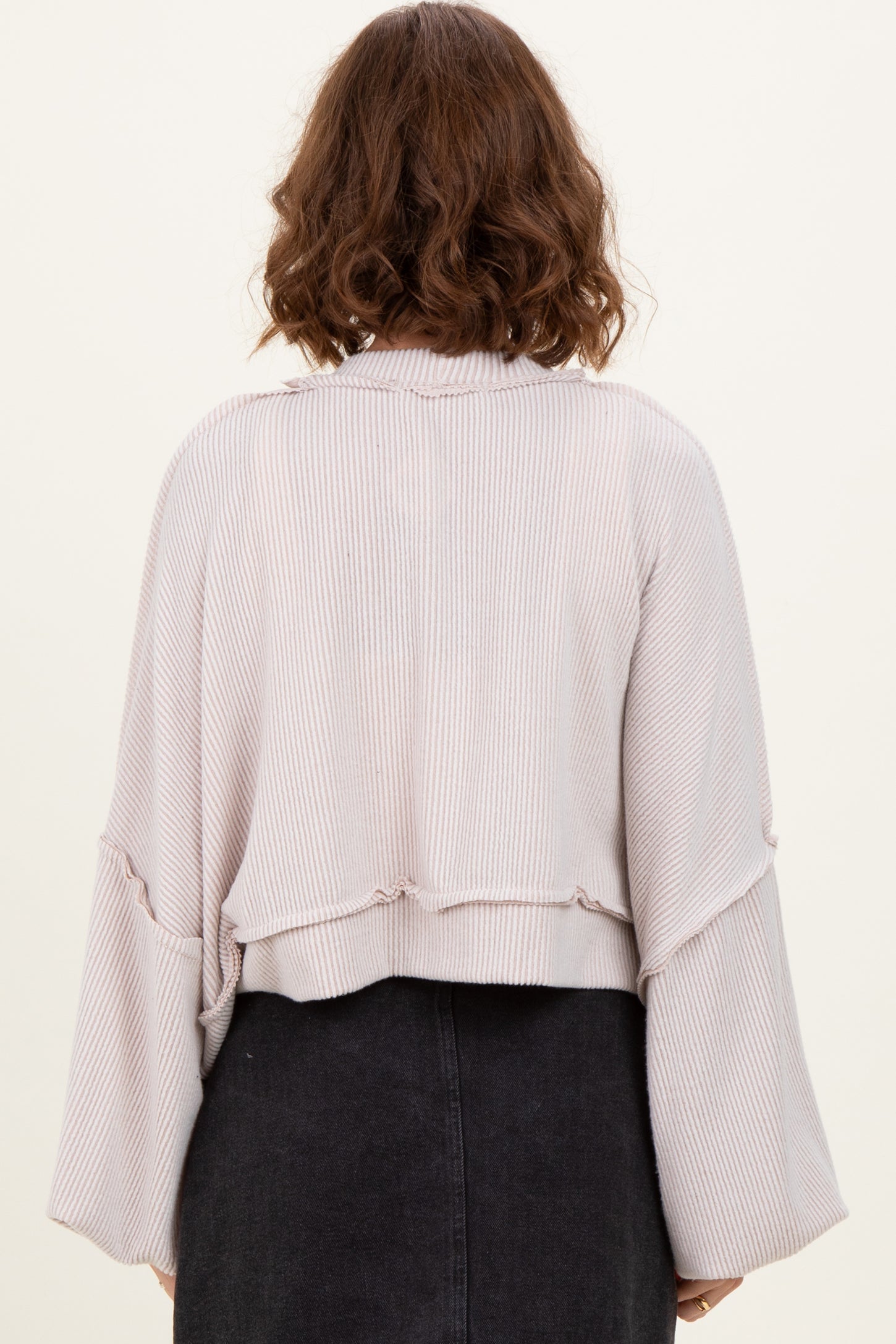 Beige Solid Ribbed Long Sleeve Cropped Cardigan