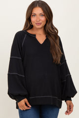Black Solid Rib Long Sleeve V-Neck Oversized Maternity Tunic Top