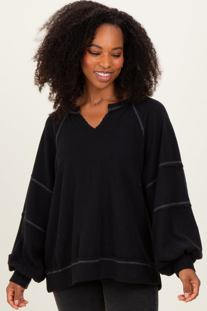 Black Solid Rib Long Sleeve V-Neck Oversized Maternity Tunic Top