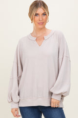 Beige Solid Rib Long Sleeve V-Neck Oversized Maternity Tunic Top