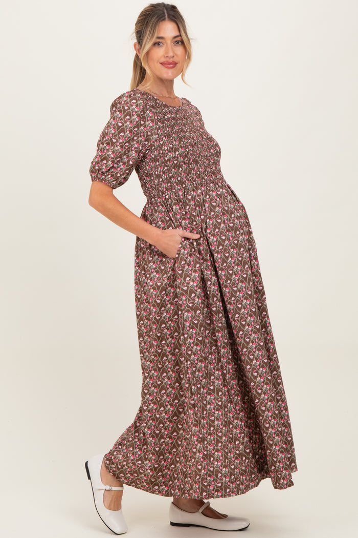 Mocha Floral Smocked Puff Sleeve Maternity Maxi Dress