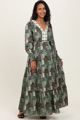 Olive Patchwork Print Tiered Long Sleeve Maternity Maxi Dress