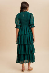 Forest Green Smocked Swiss Dot Tiered Maxi Dress