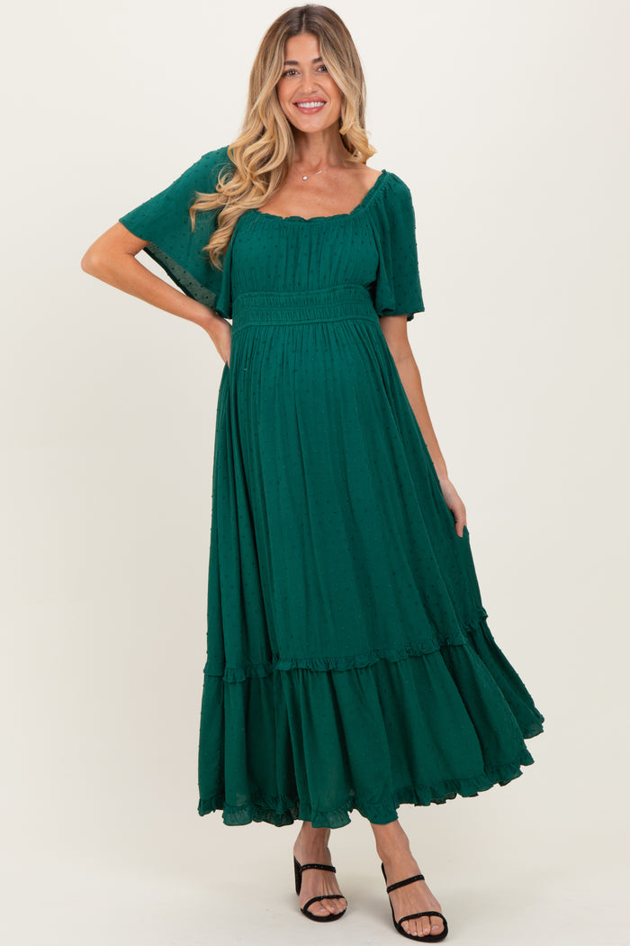 Forest Green Swiss Dot Ruffle Trim Maternity Maxi Dress