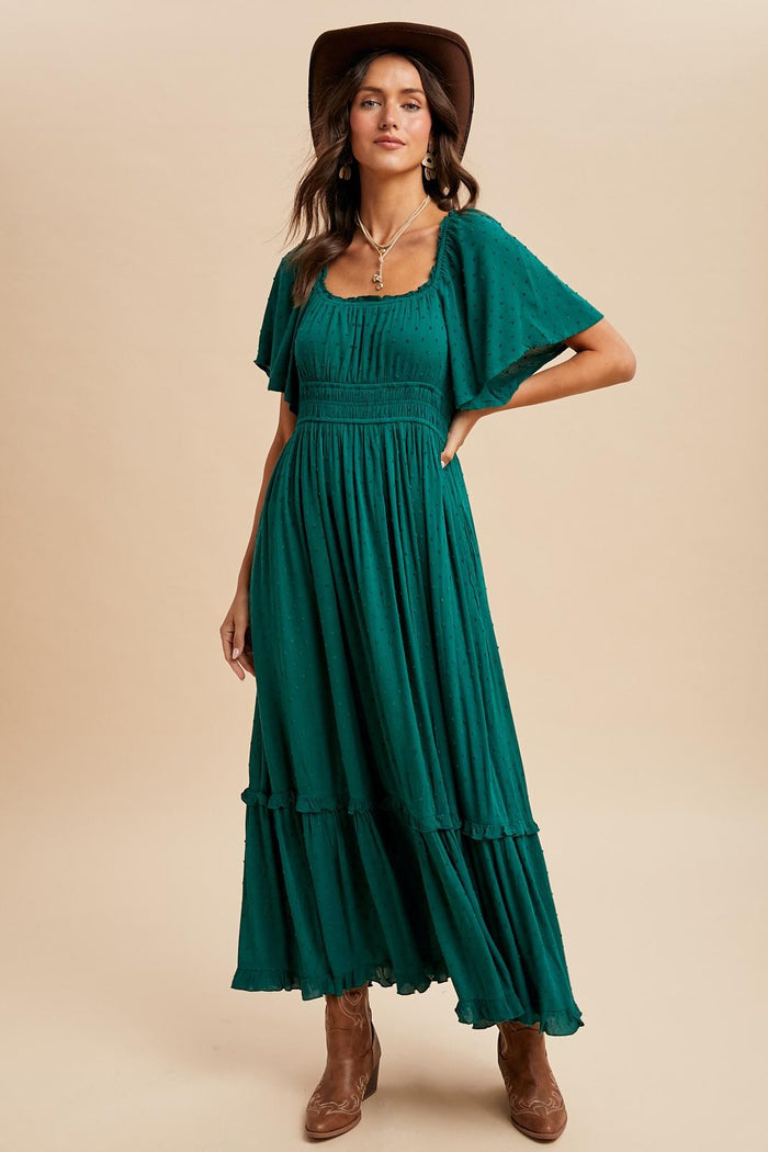 Forest Green Swiss Dot Ruffle Trim Maxi Dress