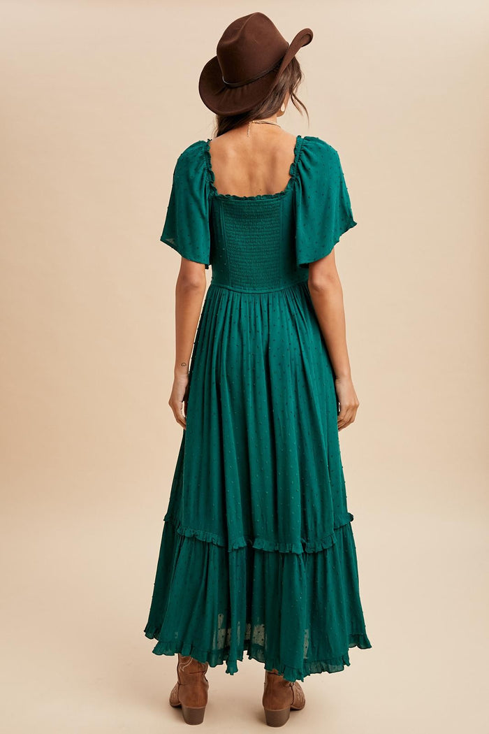 Forest Green Swiss Dot Ruffle Trim Maxi Dress