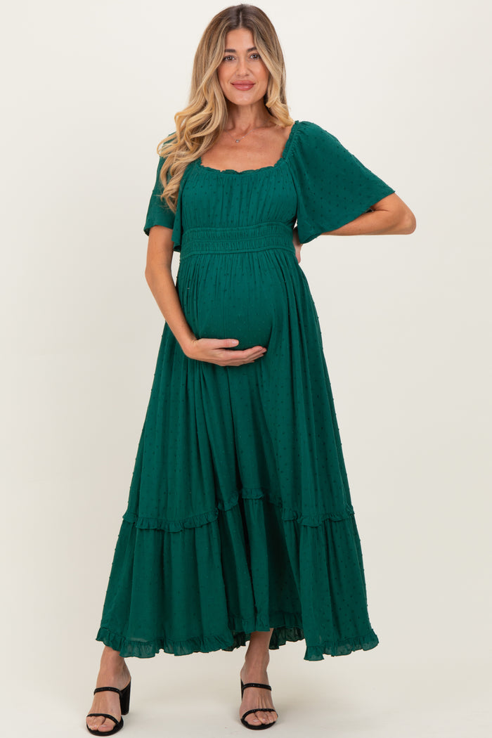 Forest Green Swiss Dot Ruffle Trim Maternity Maxi Dress