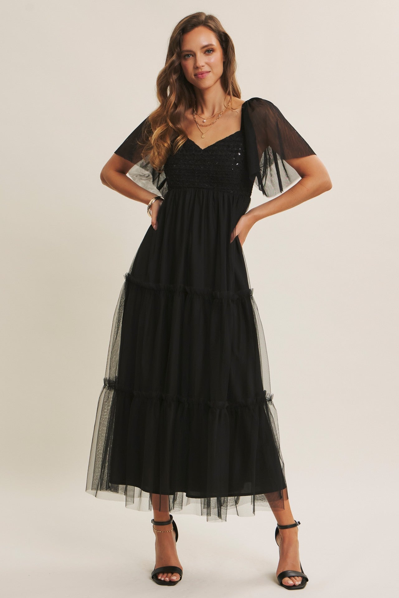 Black Sequin Bodice Tulle Tiered Maternity Midi Dress