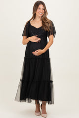 Black Sequin Bodice Tulle Tiered Maternity Midi Dress