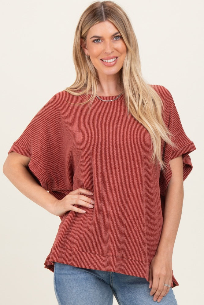 Rust Solid Ribbed Short Sleeve Oversized Tunic Top
