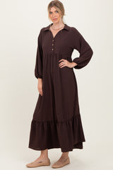 Brown Solid Long Sleeve Button Down Tiered Collared Dress