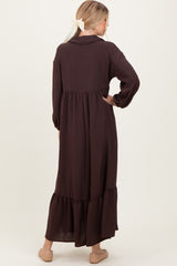 Brown Solid Long Sleeve Button Down Tiered Collared Dress