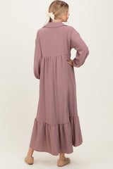 Mocha Solid Long Sleeve Button Down Tiered Collared Dress
