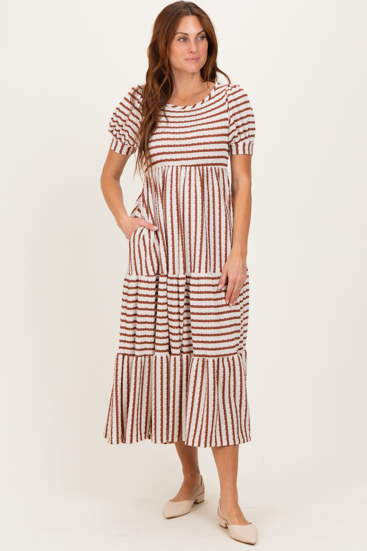 Cream/Camel Striped Short Sleeve Tiered Maxi Dress
