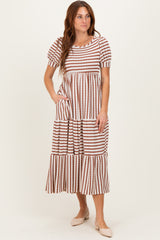 Cream/Camel Striped Short Sleeve Tiered Maxi Dress