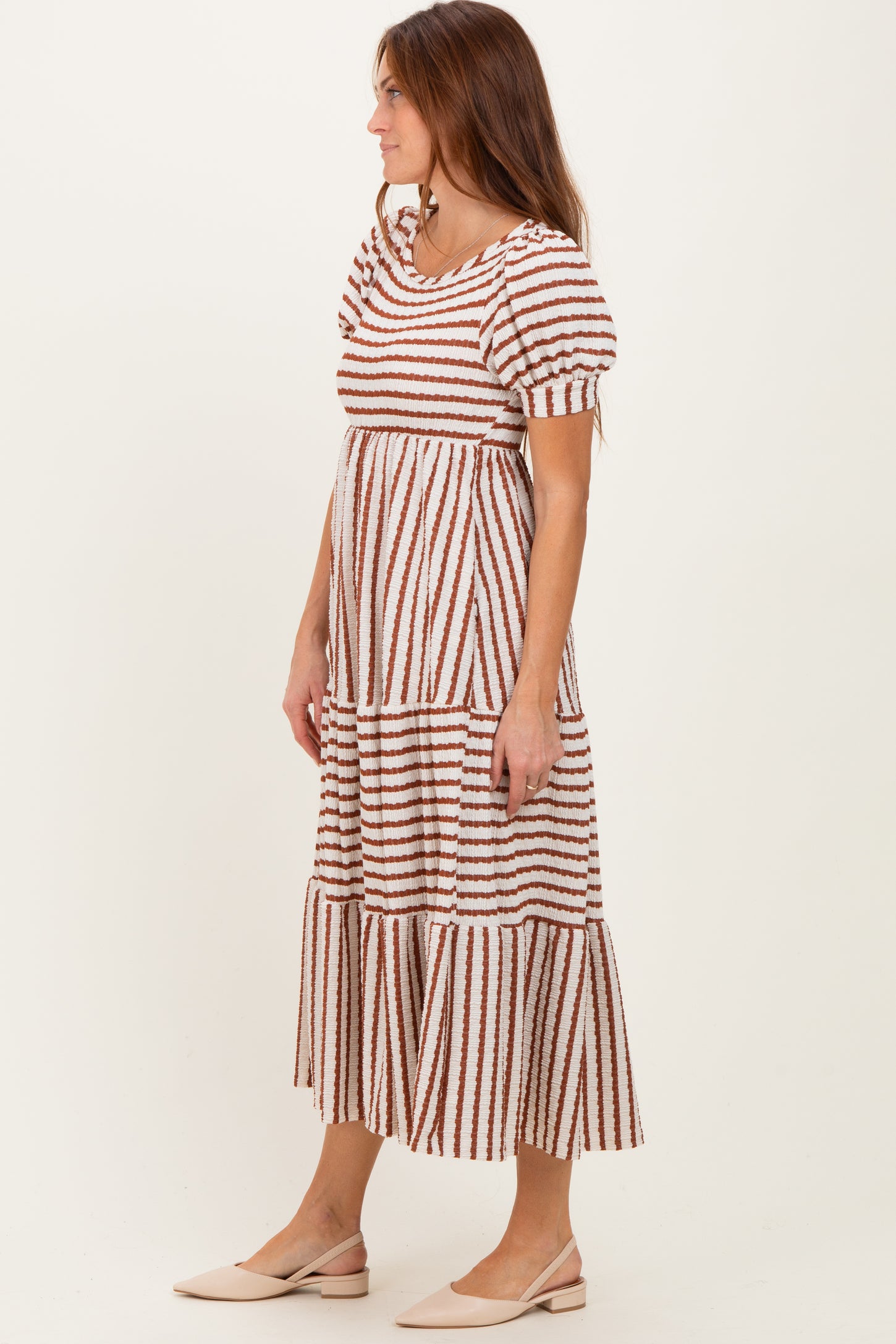Cream/Camel Striped Short Sleeve Tiered Maxi Dress