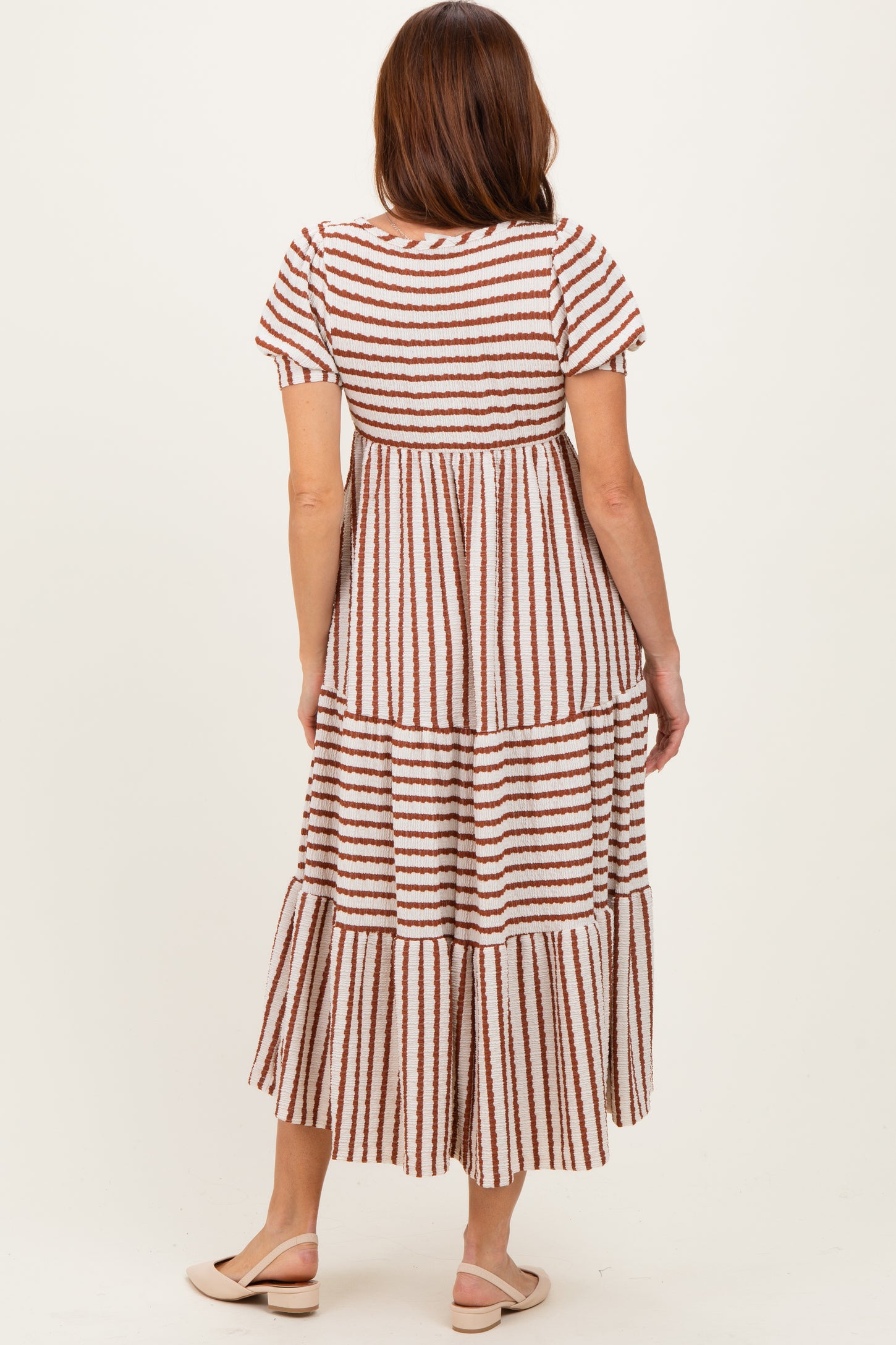 Cream/Camel Striped Short Sleeve Tiered Maxi Dress