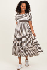 Cream/Olive Striped Short Sleeve Tiered Maxi Dress