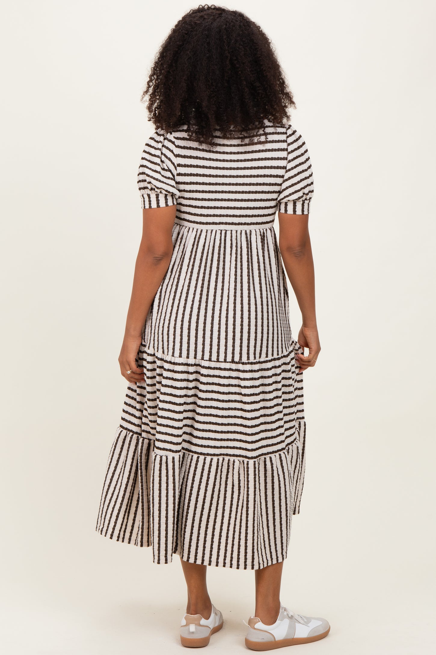 Cream/Olive Striped Short Sleeve Tiered Maxi Dress