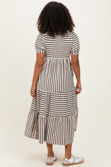 Cream/Olive Striped Short Sleeve Tiered Maxi Dress