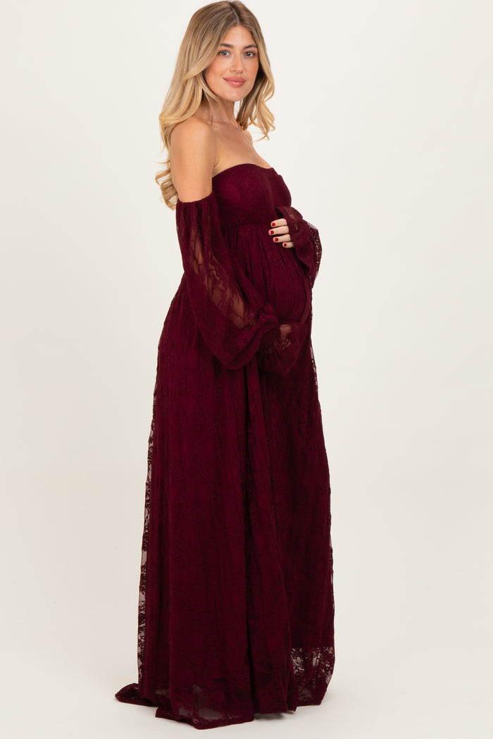 Burgundy Lace Smocked Long Sleeve Off Shoulder Maternity Maxi Dress