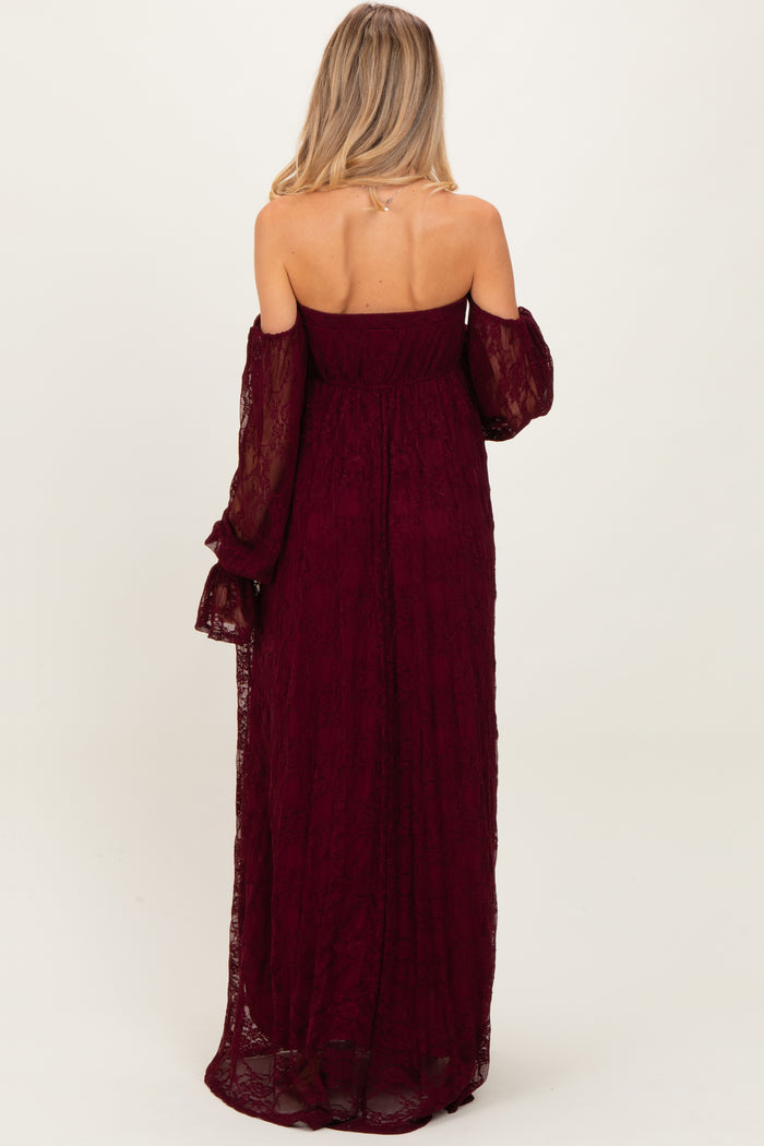 Burgundy Lace Smocked Long Sleeve Off Shoulder Maternity Maxi Dress