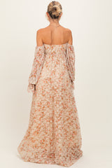Multi Color Floral Lace Smocked Long Sleeve Off Shoulder Maternity Maxi Dress
