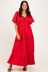 Red Textured Flutter Sleeve V-Neck Tiered Maxi Dress
