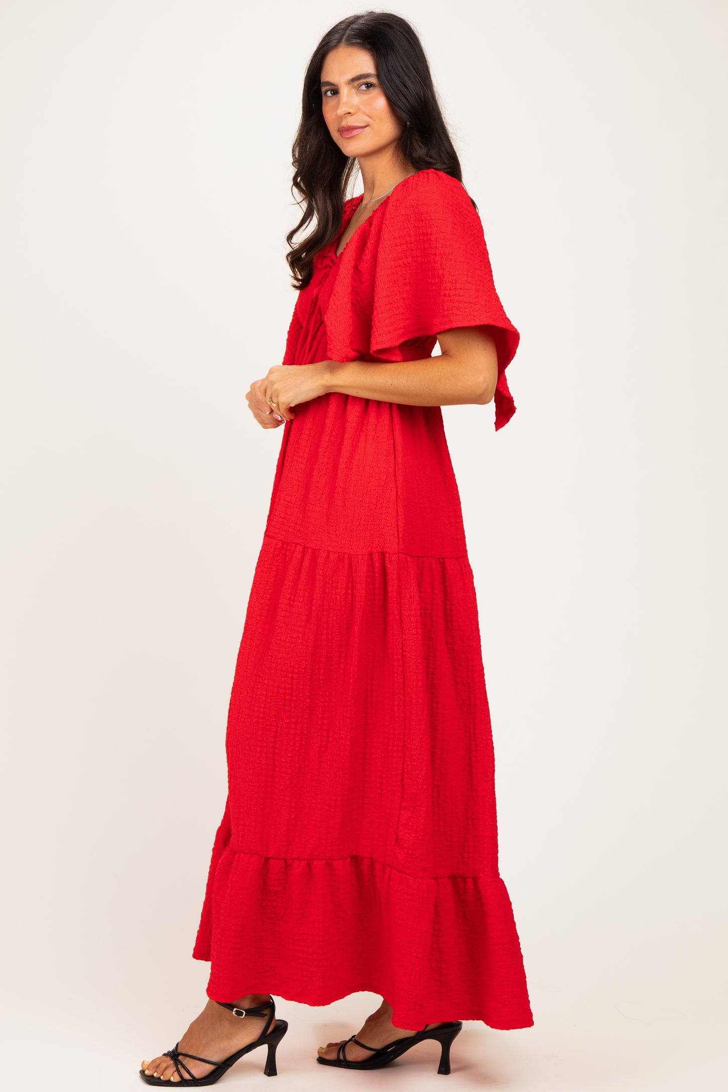 Red Textured Flutter Sleeve V-Neck Tiered Maxi Dress