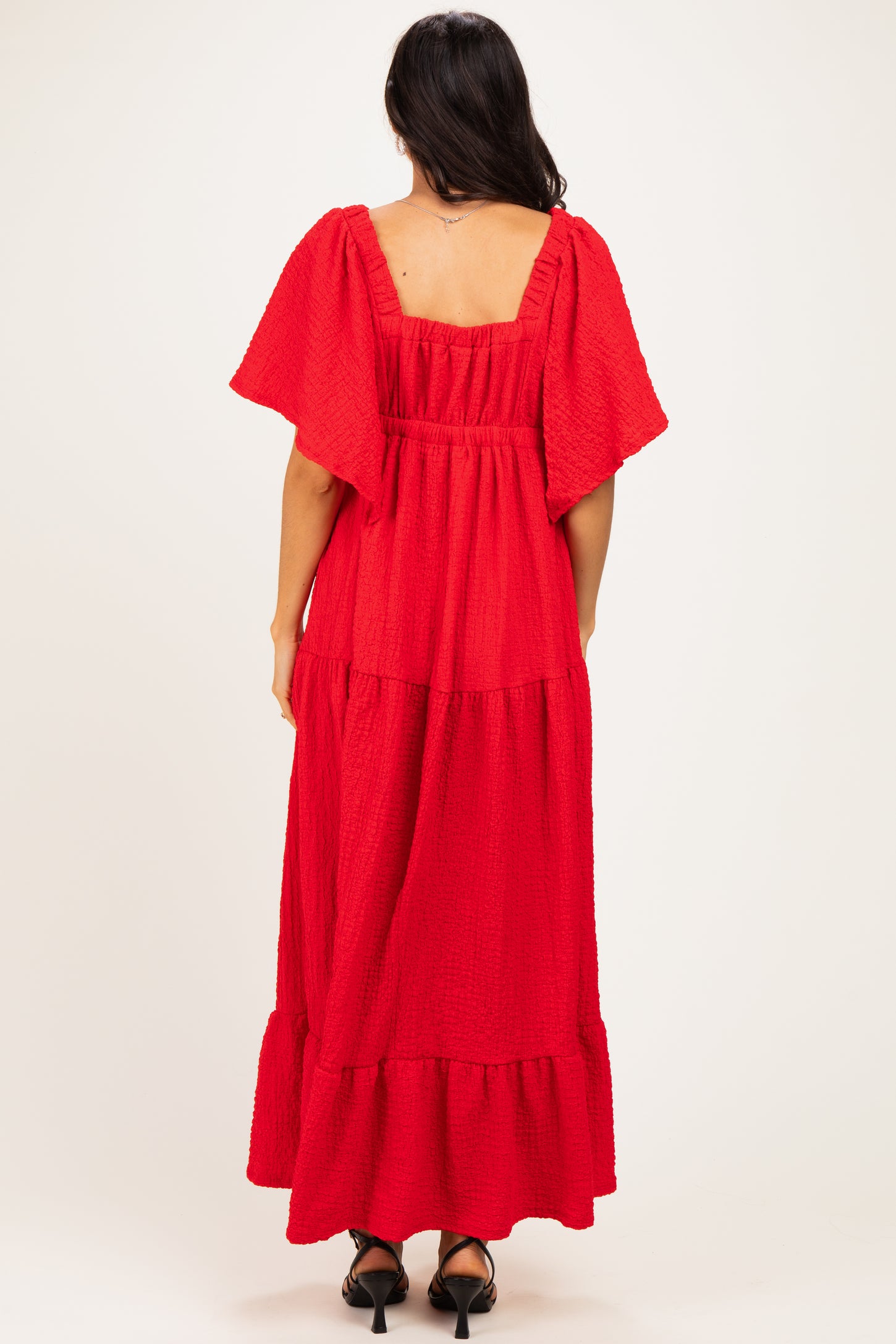 Red Textured Flutter Sleeve V-Neck Tiered Maxi Dress