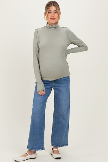 Light Olive Solid Long Sleeve Ribbed Turtle Neck Maternity Top