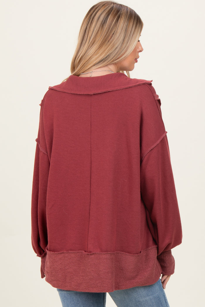 Burgundy Long Sleeve Reverse Stitch Collared Top