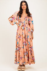 Peach Floral Long Sleeve Smocked Top Tiered Maxi Dress