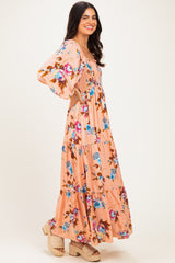 Peach Floral Long Sleeve Smocked Top Tiered Maxi Dress