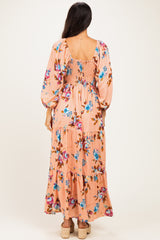 Peach Floral Long Sleeve Smocked Top Tiered Maxi Dress