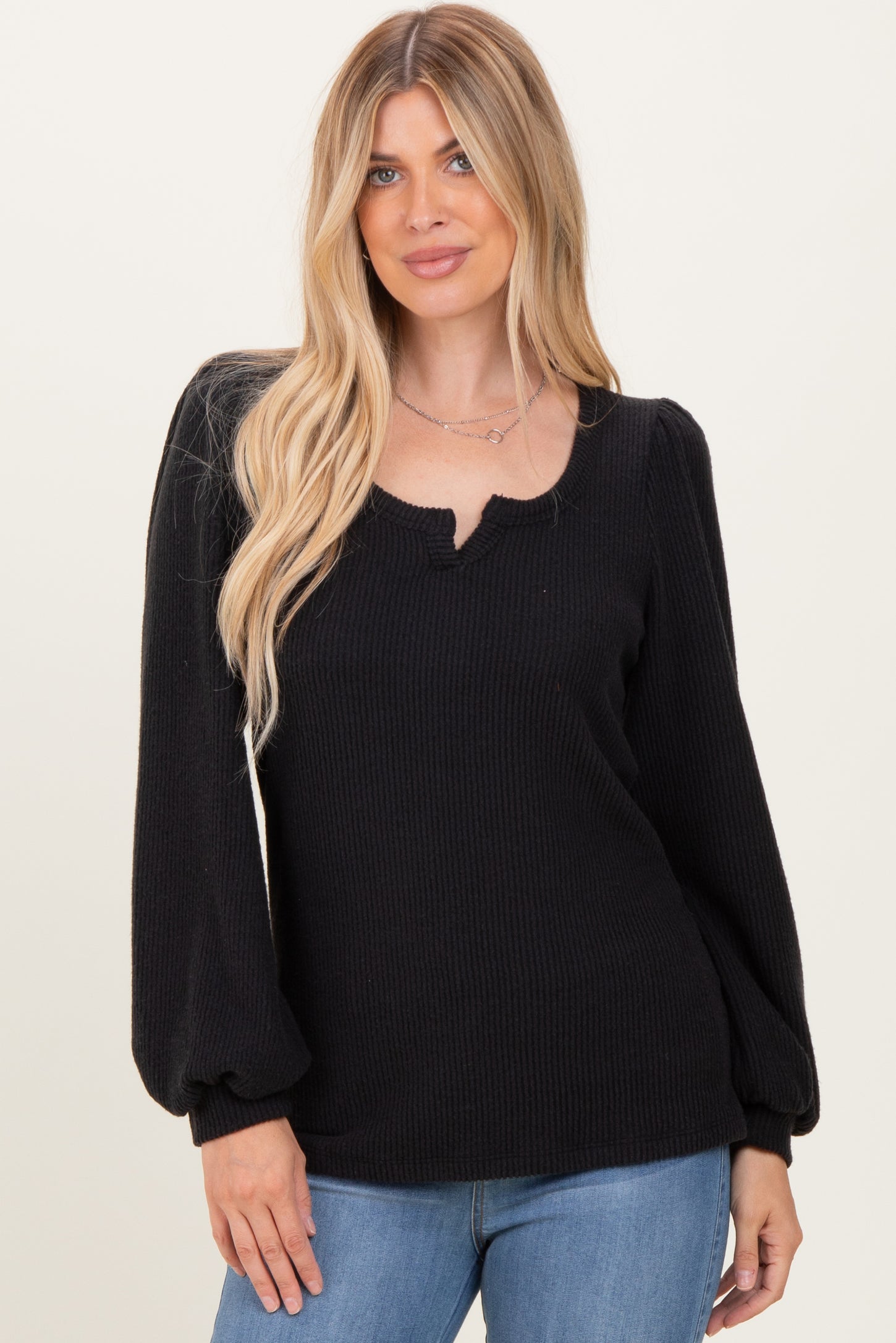 Black Solid Ribbed Long Sleeve V-Neck Tunic Top