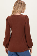 Brown Solid Ribbed Long Sleeve V-Neck Tunic Top