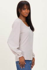 Beige Solid Ribbed Long Sleeve V-Neck Tunic Top