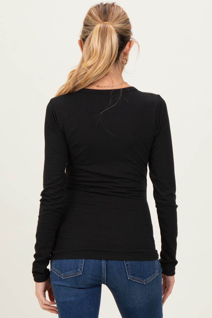 Black Solid Ribbed Long Sleeve Button Down Maternity Tunic Top