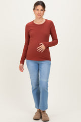 Rust Solid Ribbed Long Sleeve Round Neck Maternity Tunic Top