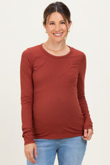 Rust Solid Ribbed Long Sleeve Round Neck Maternity Tunic Top