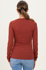 Rust Solid Ribbed Long Sleeve Round Neck Maternity Tunic Top