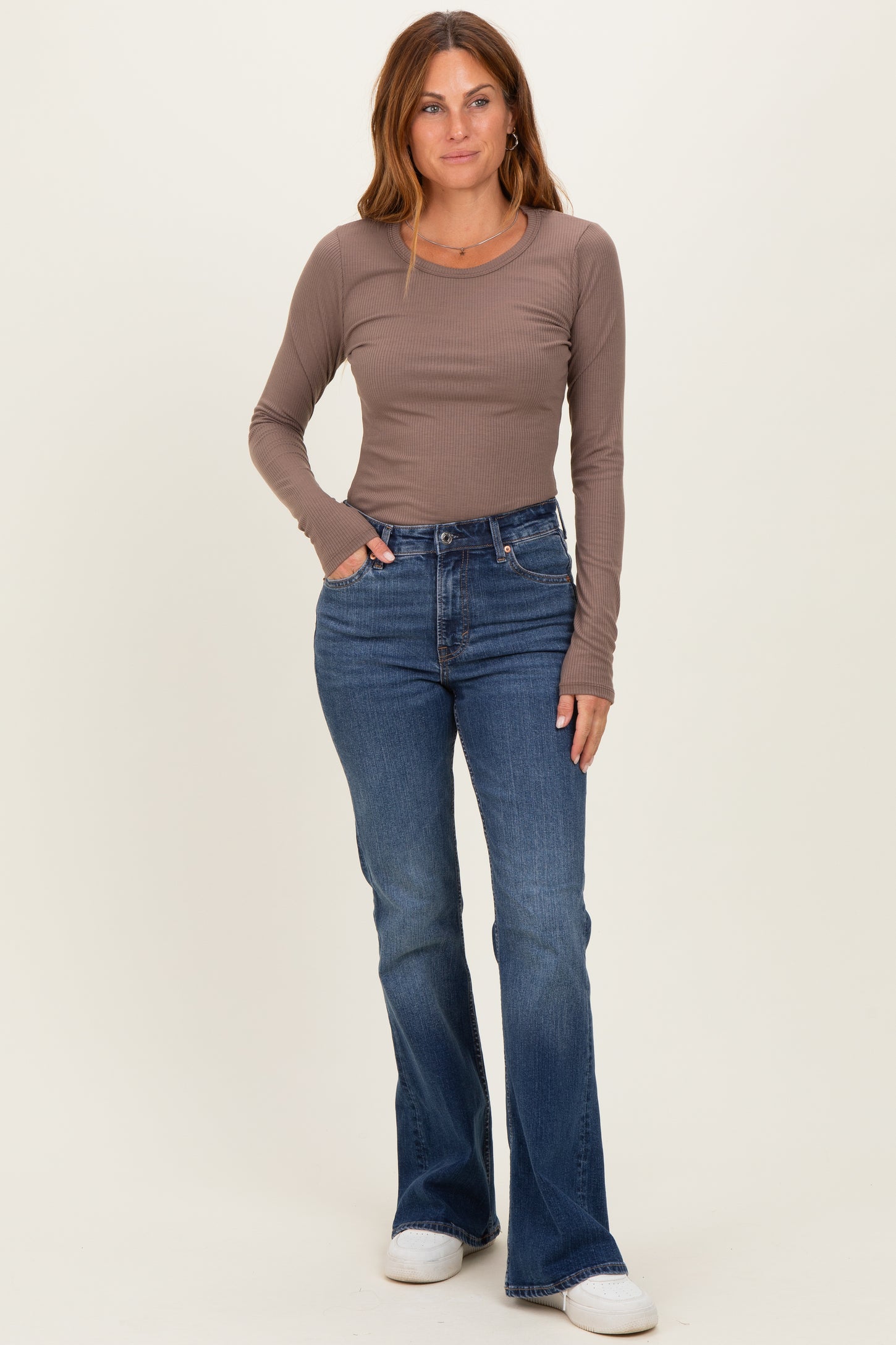 Mocha Solid Ribbed Long Sleeve Round Neck Tunic Top