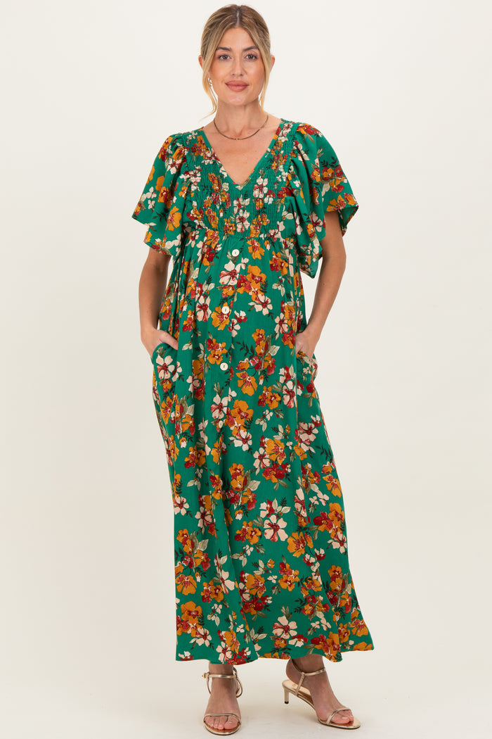 Hunter Green Fall Floral Short Sleeve V-Neck Maternity Maxi Dress