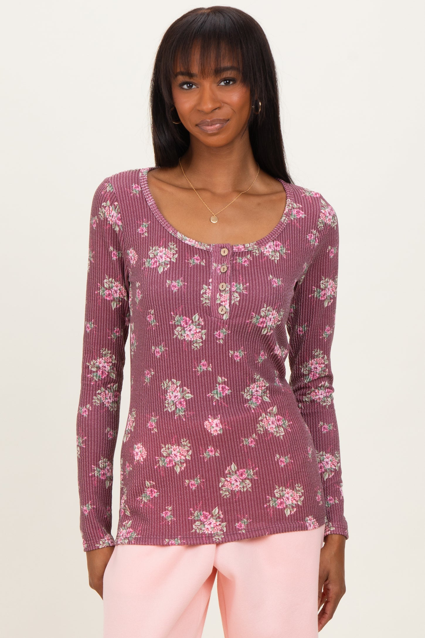 Burgundy Floral Ribbed Long Sleeve Button Down Tunic Top
