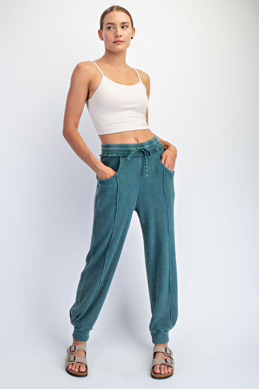 Teal Raw Seam Waffle Knit Joggers