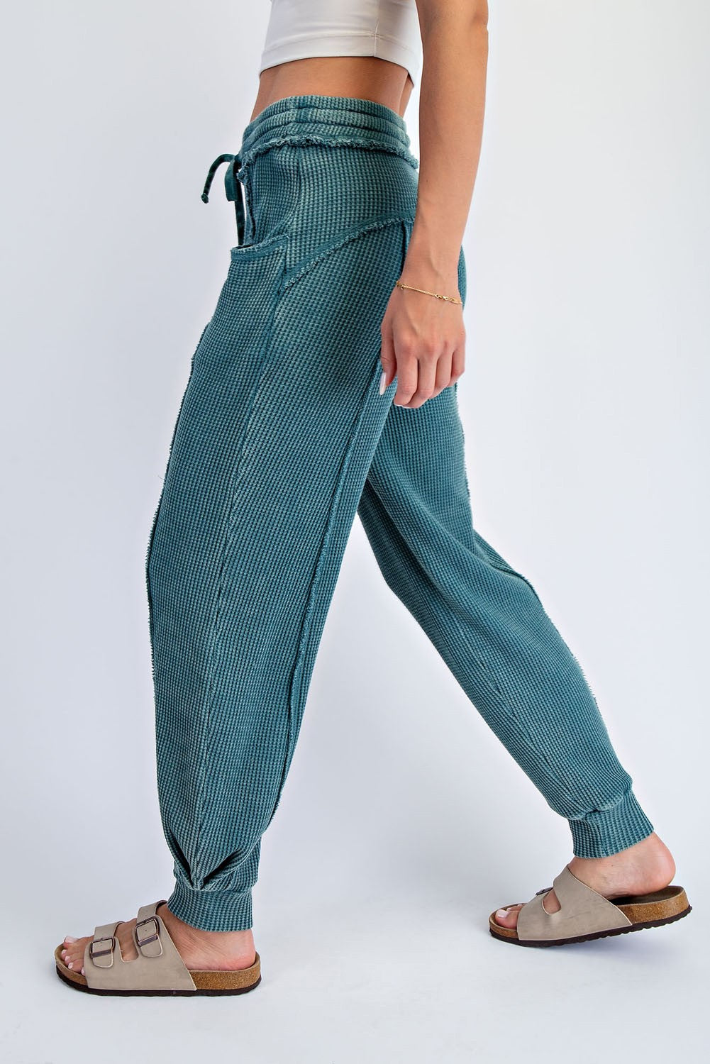 Teal Raw Seam Waffle Knit Joggers